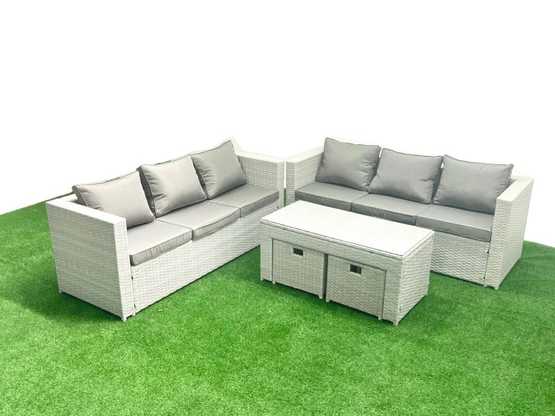 Fimous 8 Seater Garden Outdoor Rattan Furniture Set Rattan Garden Sofa Oblong Coffee Table with 2 Small Footstool Light Grey Mixed