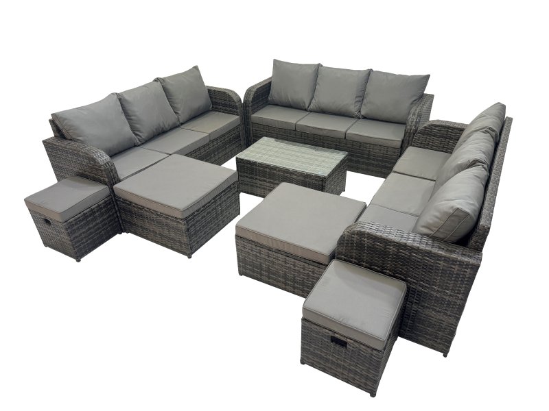 Fimous Outdoor 3 Seater Sofa Coffee Table Set Garden Rattan Furniture Set 13 Seater with 4 Stools Dark Grey