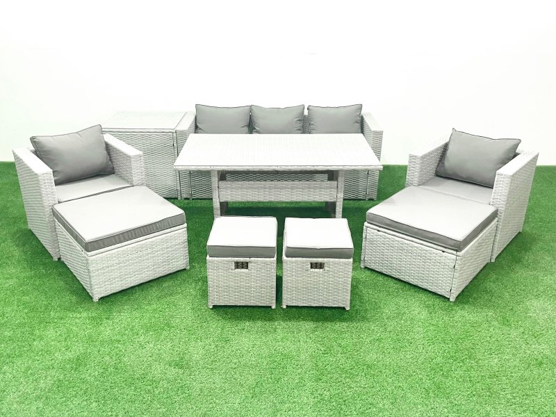 Fimous Rattan Garden Furniture Set Outdoor 9 Seater Patio Dining Sets with Glass Top Dining Table and Side Table Light Grey Mixed