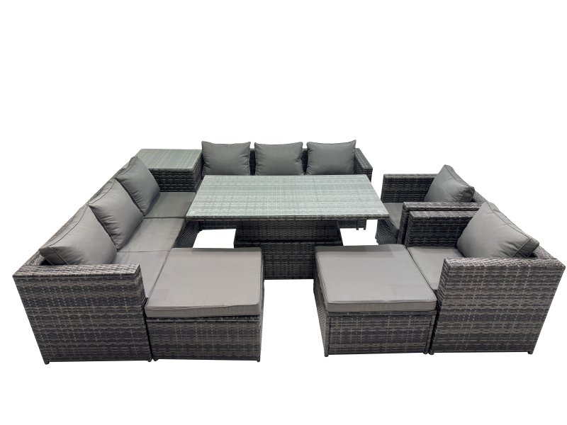 Fimous 10 Seater Outdoor Corner Sofa Height Adjustable Rising Lifting Table Set Garden Rattan Furniture Set with Side Table 2 Big Stool Dark Grey