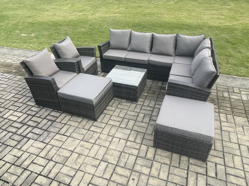 Fimous 10 Seat Rattan Garden Furniture Corner Sofa Set Outdoor Patio Sofa Table Set with 2 Big Footstool 2 Armchairs Dark Grey Mixed