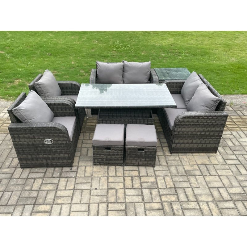 Fimous Outdoor Rattan Garden Furniture Set Patio Height Adjustable Rising lifting Dining Table Love Sofa With Side Table 2 Footstools
