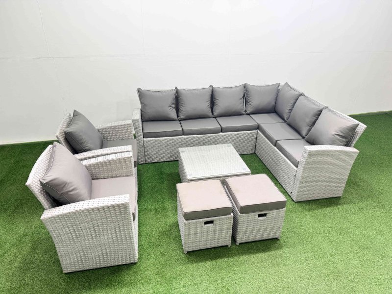 Fimous Rattan Garden Outdoor Furniture Set 10 Seater Rattan Garden Sofa Set with 2 Armchairs 2 Small Footstools Light Grey Mixed