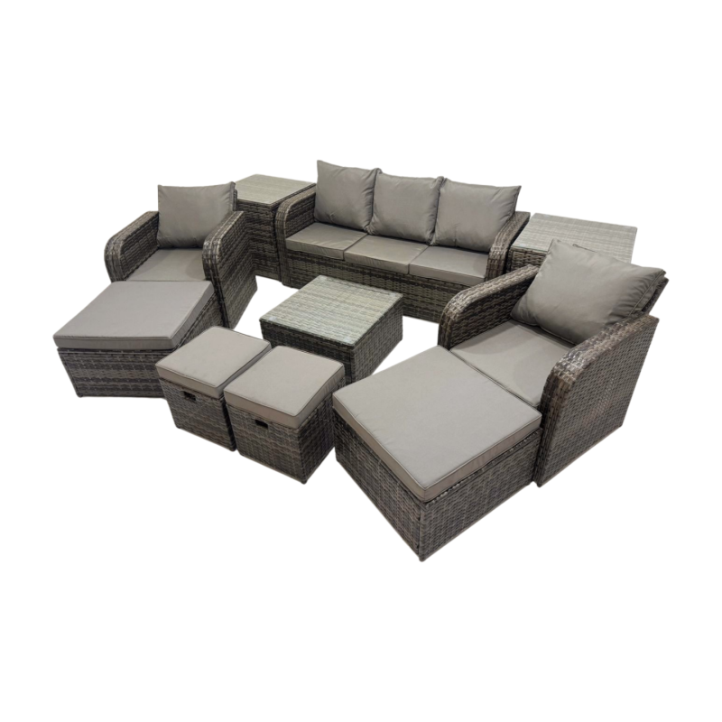 Fimous 3 Seater Sofa Reclining Chair Coffee Table Set Rattan Garden Outdoor Furniture Set with 2 Side Tables 4 Stools Dark Grey Mixed