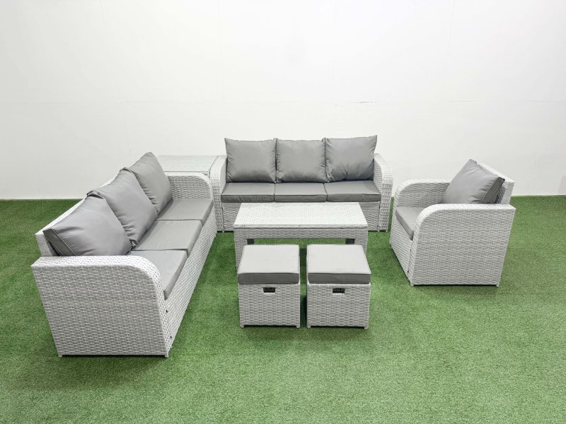 Fimous 9 Seater Poly Rattan Outdoor Garden Furniture Oblong Coffee Table Sofa Set Patio 3 Seater Sofa Reclining Chair 3 Seater Sofa Stools Side Table Light Grey