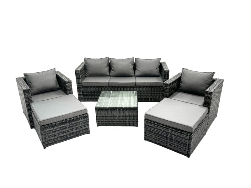 Fimous Outdoor Rattan Garden Furniture Set 7 Seater Patio Lounge Sofa Set with Armchair Square Coffee Table 2 Big Footstool Dark Grey Mixed