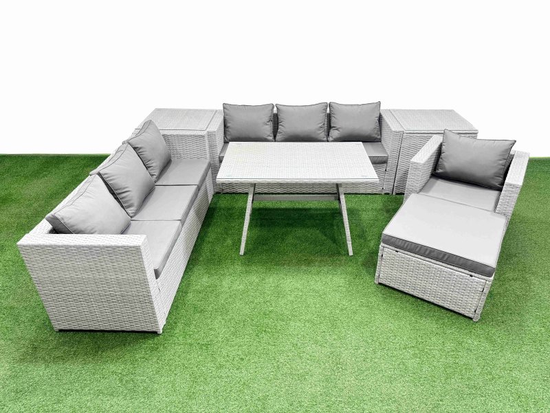 Fimous Outdoor Rattan Garden Furniture Dining Set 8-seater Patio Rectangular Table 3 Seater Sofa Armchair Set with 2 Side Tables Big Stool