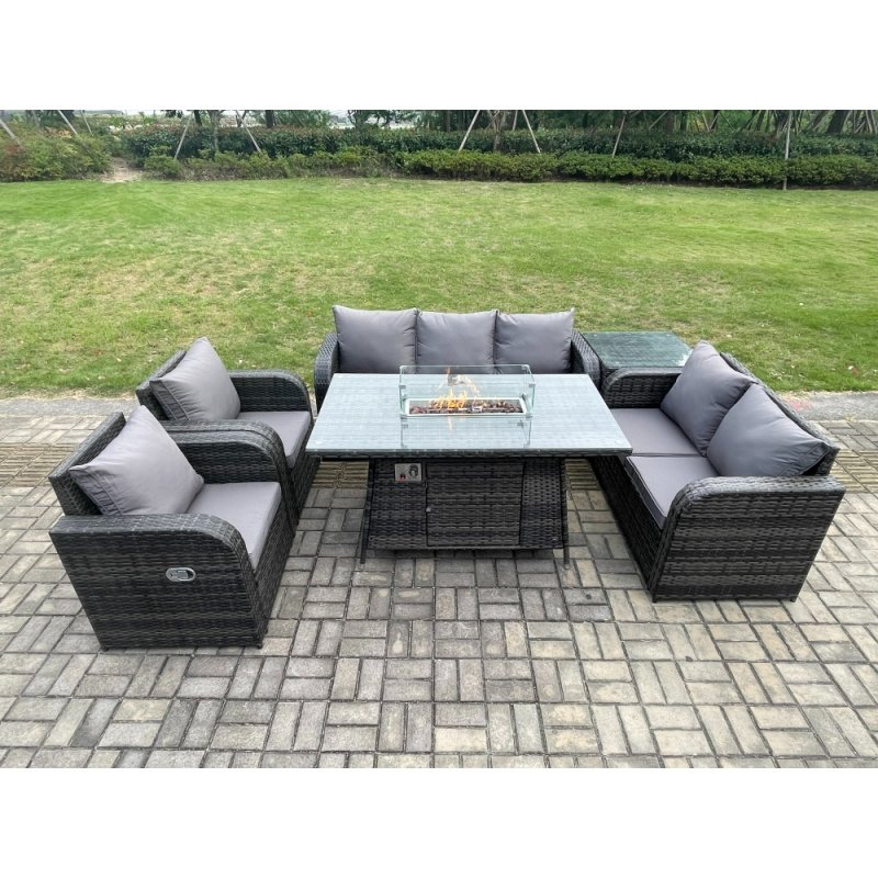 Fimous PE Wicker Outdoor Rattan Garden Furniture Set Propane Gas Fire Pit Table and Sofa Chair set with Side Table 7 Seater