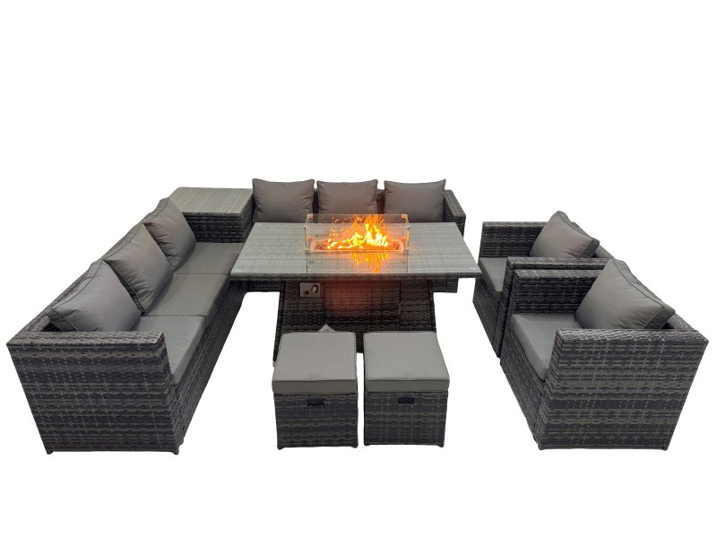 Fimous 10 Seater Garden Outdoor Rattan Furniture Set Patio Corner Sofa Gas Firepit Dining Table with Side Table 2 Small Stools Dark Grey