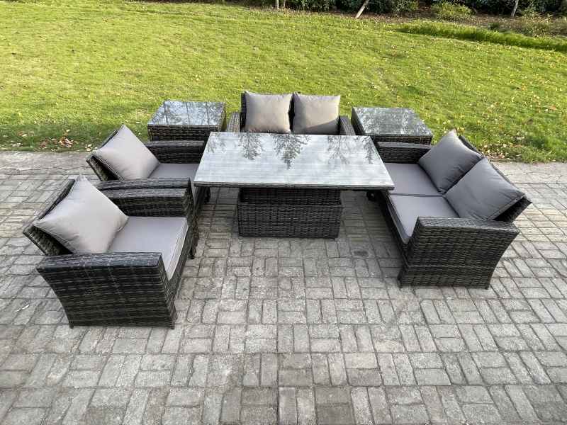 Fimous Rattan Garden Furniture Sets Patio Outdoor Rising Lifting Table Sofa Set with Double Seat Sofa 2 Side Tables Dark Grey Mixed