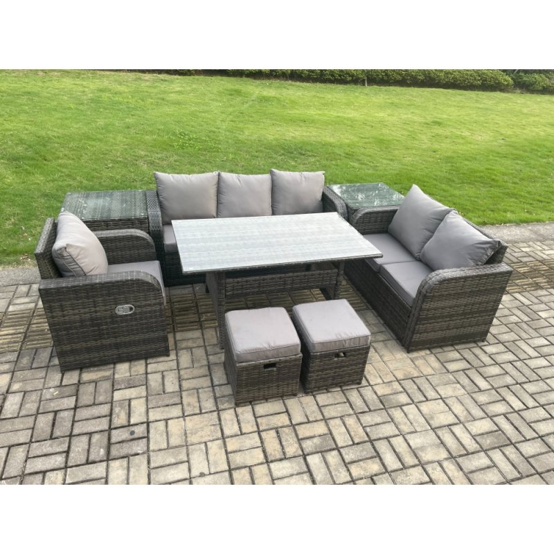 Fimous 8 Seater Garden Rattan Furniture Dining Table Sofa Set Indoor Outdoor with Reclining Chairs 2 Side Tables 2 Small Footstools Dark Grey Mixed