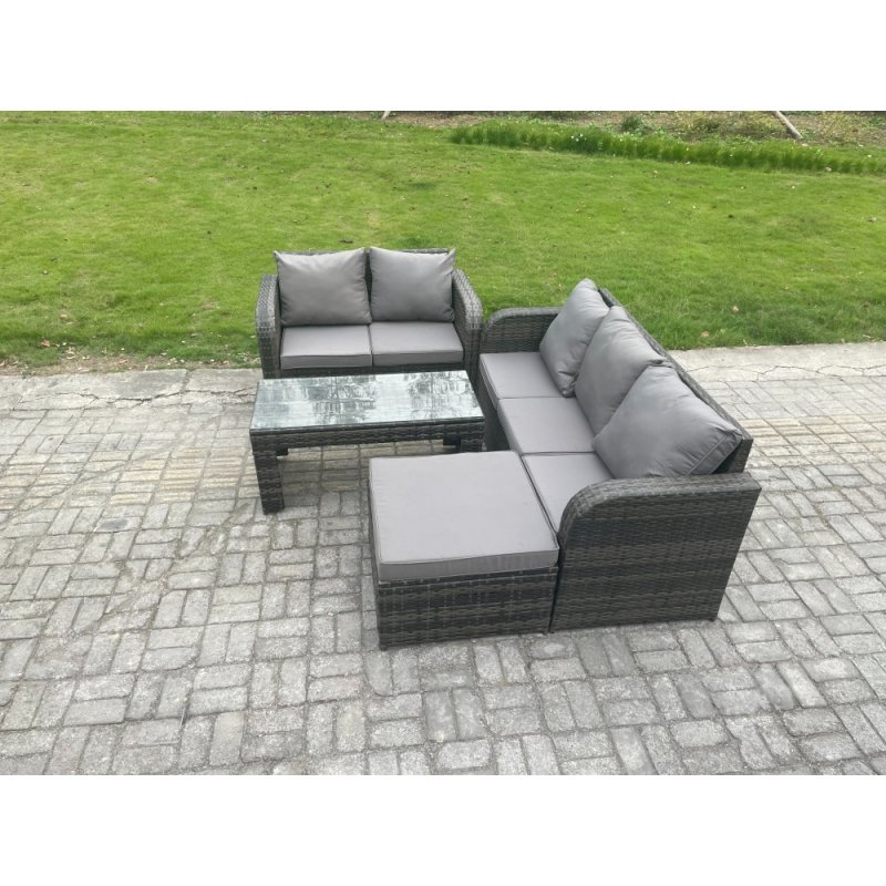 Fimous Outdoor Rattan Garden Furniture Set Patio Lounge Sofa Set with Rectangular Coffee Table Big Footstool Dark Grey Mixed