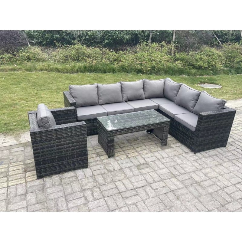 Fimous 7 Seater Rattan Corner Sofa Lounge Sofa Set With Rectangular Coffee Table With Arm Chair Dark Grey Mixed
