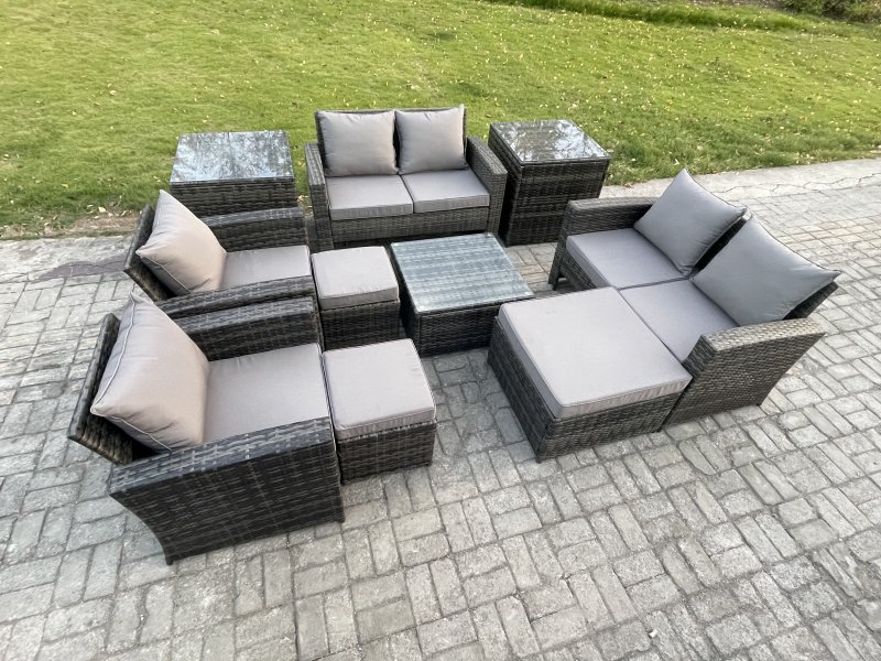 Fimous Outdoor Garden Furniture Sets 10 Pieces Wicker Rattan Furniture Manual Wicker Patio Sofa Patio Conversation Set with 3 Footstools 2 Side Tables Dark Grey Mixed