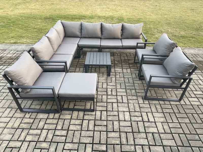 Fimous 10 Seater Aluminium Garden Furniture Set Outdoor Lounge Corner Sofa 3 Pcs Chair Square Coffee Table Sets with Big Footstool Dark Grey