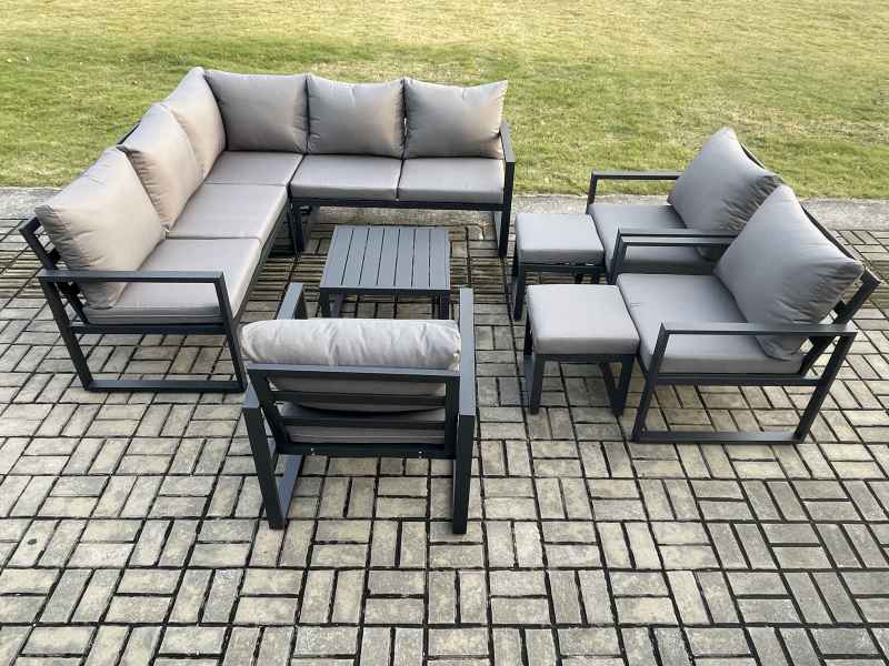 Fimous 10 Seater Outdoor Aluminium Garden Furniture Set Corner Lounge Sofa Set with Square Coffee Table Chair 2 Small Footstools Dark Grey