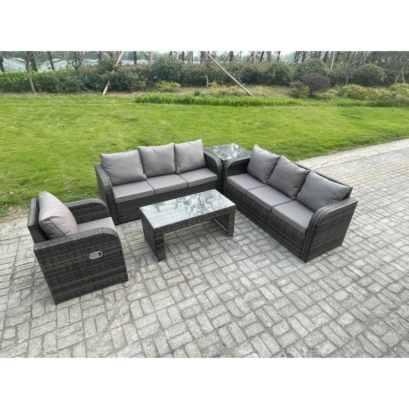 Fimous 7 Seater Wicker PE Rattan Sofa Set Outdoor Patio Garden Furniture Set with Side Table Reclining Chairs Coffee Table Dark Grey Mixed