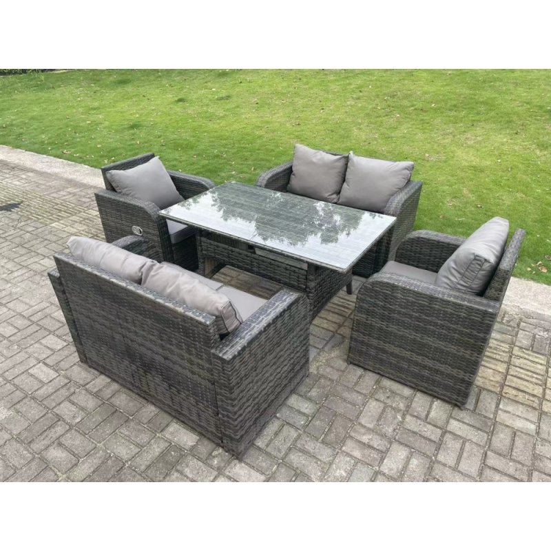 Fimous 6 Seater Dark Grey PE Wicker Rattan Garden Furniture Set Reclining Chair 2 Seater Love Sofa Set Outdoor Rectangular Dining Table