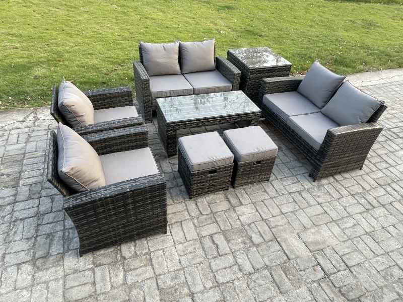 Fimous 8 Seater Dark Grey Mixed High Back Rattan Sofa Set Coffee Table Garden Furniture Outdoor Patio With Love Sofa Arm Chairs Side Table 2 Small Footstools