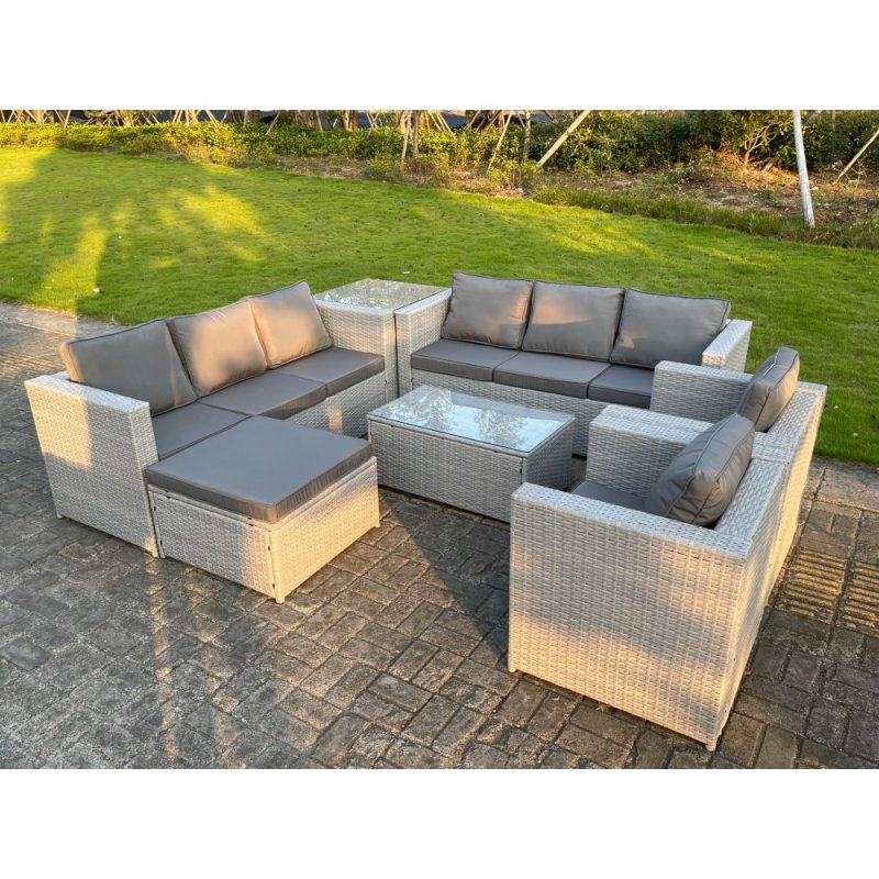 Fimous 9 Seater Light Grey Outdoor PE Rattan Garden Furniture Set Sofa Set Coffee Table Footstool 2 Armchair