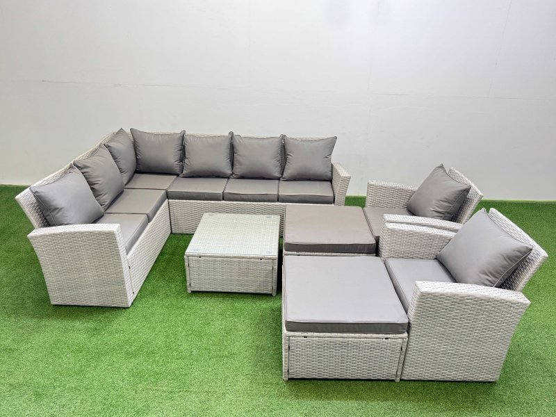 Fimous Outdoor Rattan Garden Furniture Set 10 Seater Corner Sofa Sets with Square Coffee Table Chair Big Footstools Light Grey Mixed