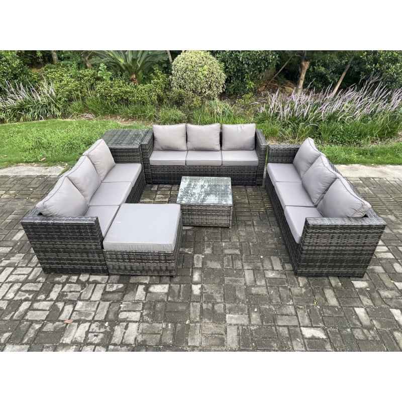 Fimous Outdoor Rattan Garden Furniture Set 10 Seater Patio Lounge Sofa Set with Side Table Square Coffee Table Big Footstool Dark Grey Mixed