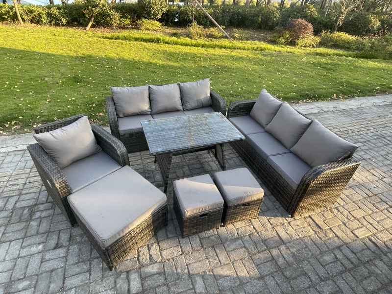 Fimous Wicker 7 Pieces Rattan Garden Furniture Sofa Set with Rectangular Dining Table Armchair 3 Footstools Dark Grey Mixed