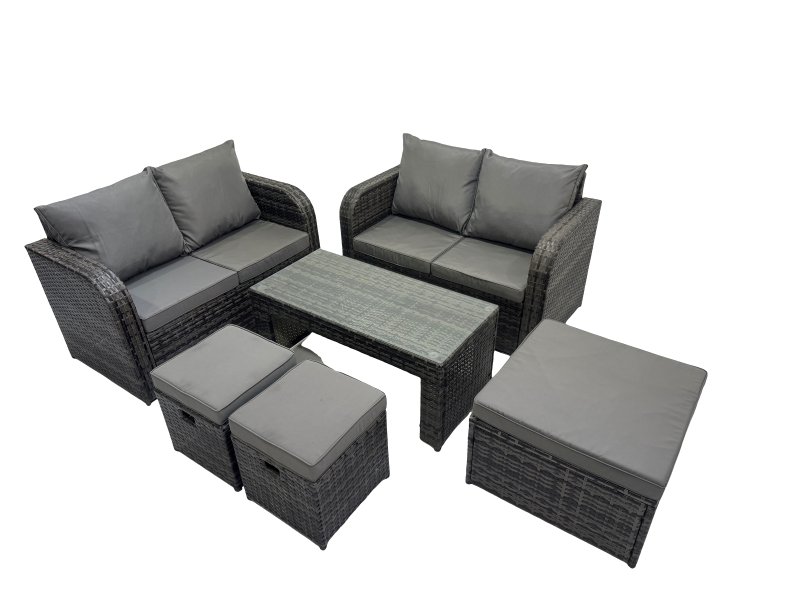 Fimous 3 Seater Sofa Reclining Chair Coffee Table Set Rattan Garden Outdoor Furniture Set with 3 Stools Dark Grey Mixed