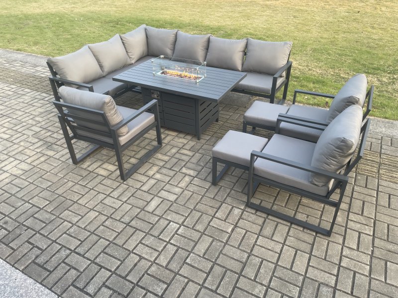 Fimous Aluminium Patio Outdoor Garden Furniture Corner Sofa Set Gas Fire Pit Dining Table with 3 Chairs 2 Small Footstools Dark Grey