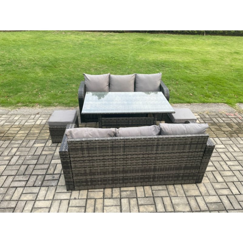 Fimous Patio Rattan Garden Furniture Set with Oblong Rectangular Dining Table 2 Small Footstools 8 Seater Outdoor Lounge Sofa Set Dark Grey Mixed
