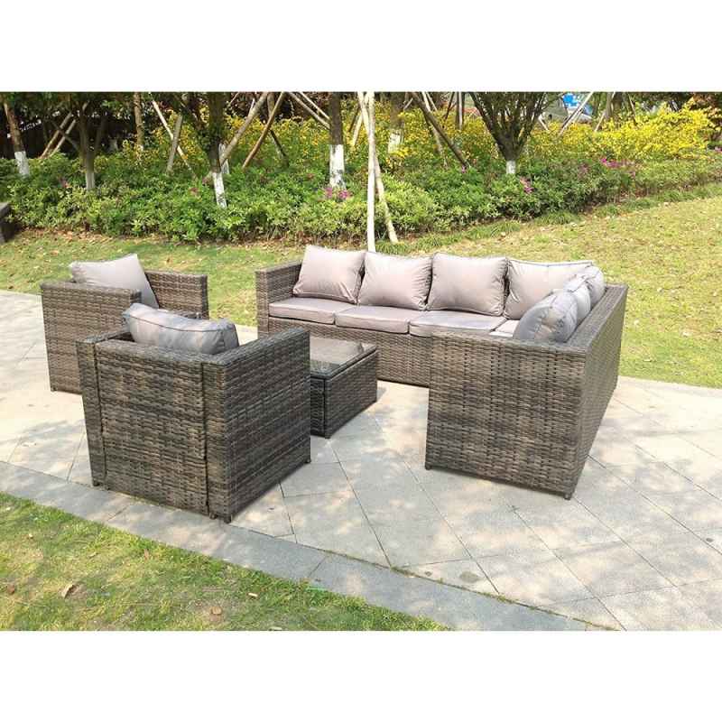 Fimous 8 Seater Grey Rattan Corner Sofa Set Coffee Table 2 Armchairs Garden Furniture Outdoor