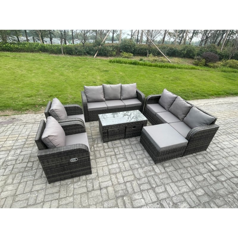 Fimous 11 Seater Wicker PE Rattan Sofa Set Outdoor Patio Garden Furniture with 2 Reclining Chairs Coffee Table 3 Footstools Dark Grey Mixed