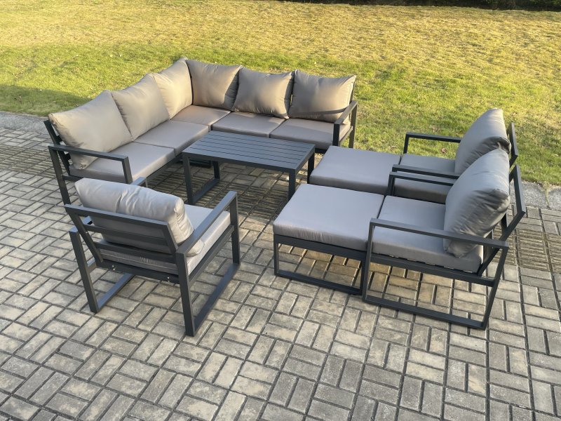 Fimous 10 Seater Aluminium Outdoor Garden Furniture Set Patio Lounge Sofa with Oblong Coffee Table Chair 2 Big Footstools Dark Grey