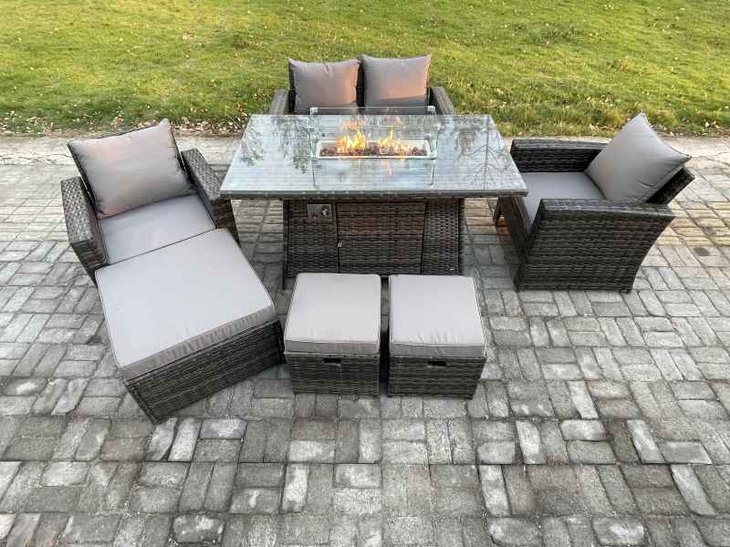 Fimous 7 Seater?Outdoor Rattan Sofa Set Garden Furniture Gas Firepit Dining Table Heater with 3 Footstools Dark Grey Mixed