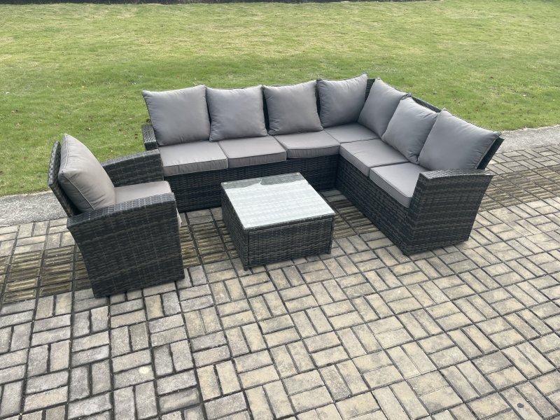 Fimous Wicker PE Outdoor Garden Furniture Set High Back Rattan Corner Sofa Set with Armchair Square Coffee Table