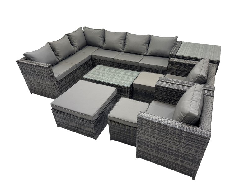 Fimous Outdoor Rattan Rectangular Coffee Table Corner Sofa Sets Garden Furniture Set with 2 Chairs 3 Stools Side Table Dark Grey Mixed