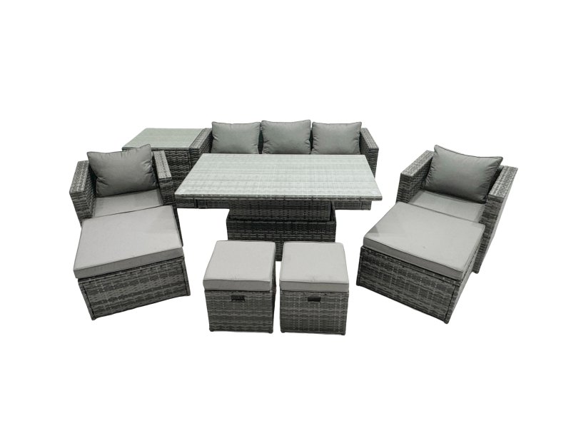 Fimous PE Rattan Garden Furniture Set Lounge Sofa Rising Dining Table Set with Side Table 4 Footstool Dark Grey Mixed