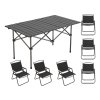 Living and Home 120cm Portable Folding Camping Table & Chair Set, 120cm Black Roll-Top Table + 6 Kermit Chairs with Wood Armrests, Outdoor Picnic Furniture with Carry Bag