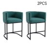 Living and Home Set of 2 Green Chenille Upholstered Low Back Bar Stools with Black Metal Frame