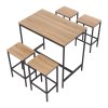 Living and Home 5 Piece Oak Wood Grain Bar Table Set with 4 Stools, Black Metal Frame Pub Dining Set