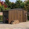 Living and Home 4.29x8.43FT 3D Brown Wood Grain Apex Metal Garden Storage Shed with Side Firewood Storage, Lockable Sliding Double Door Outdoor Tool House Without Base Floor