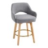 Living and Home Set of 2 Grey Chenille 360° Swivel Bar Stools, Cutout Arm Counter Stools with Natural Wood Legs & Gold Metal Footrest Ring
