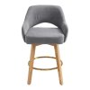 Living and Home Set of 2 Grey Chenille 360° Swivel Bar Stools, Cutout Arm Counter Stools with Natural Wood Legs & Gold Metal Footrest Ring