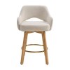 Living and Home Set of 2 Beige Chenille 360° Swivel Bar Stools, Cutout Arm Counter Stools with Natural Wood Legs & Gold Metal Footrest Ring