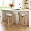 Living and Home Set of 2 Beige Linen Upholstered Bar Stools, Curved Back Counter Stools with Natural Rubber Wood Legs & Rope Wrapped Footrest Ring