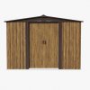 Living and Home 8.46 x 6.79FT Apex Roof Metal Garden Storage Shed with Lockable Sliding Doors, Brown Wood Grain