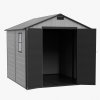 Living and Home 7.53 x 8.01FT Apex Roof Plastic Garden Storage Shed, Grey+Black, Lockable Double Doors & Window, Weather-Resistant PP & Aluminium Frame Tool Shed