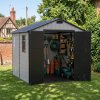 Living and Home 7.53 x 8.01FT Apex Roof Plastic Garden Storage Shed, Grey+Black, Lockable Double Doors & Window, Weather-Resistant PP & Aluminium Frame Tool Shed