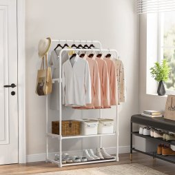 Living and Home Freestanding Double Rod Metal Clothes Rack with 2 Shelves and Hooks, White