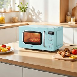 800W 20L Retro Microwave Oven with LED Display, 8 Modes, 5 Power Levels, Defrost Setting